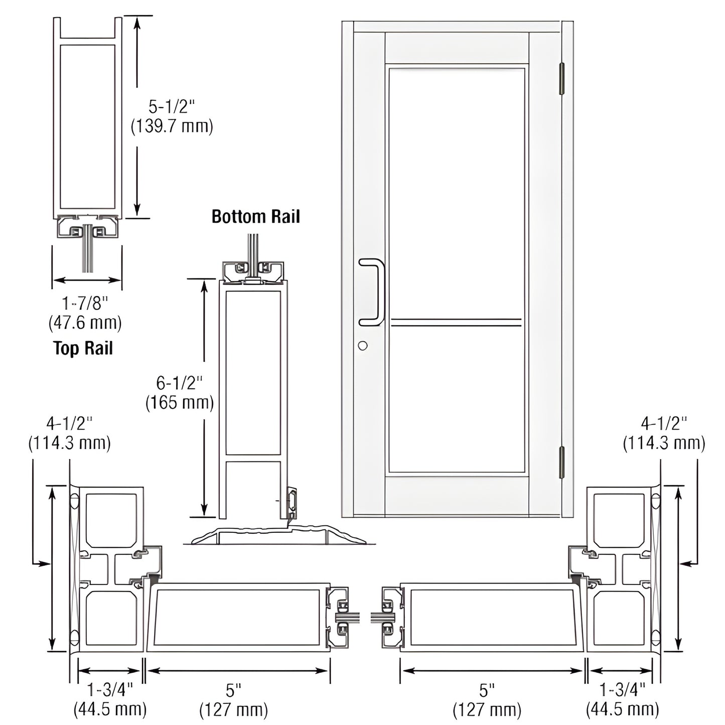 Durafront WS commercial entrance door DC91552 in White Kynar, 5" stiles, 5-1/2" top rail, 6-1/2" bottom rail