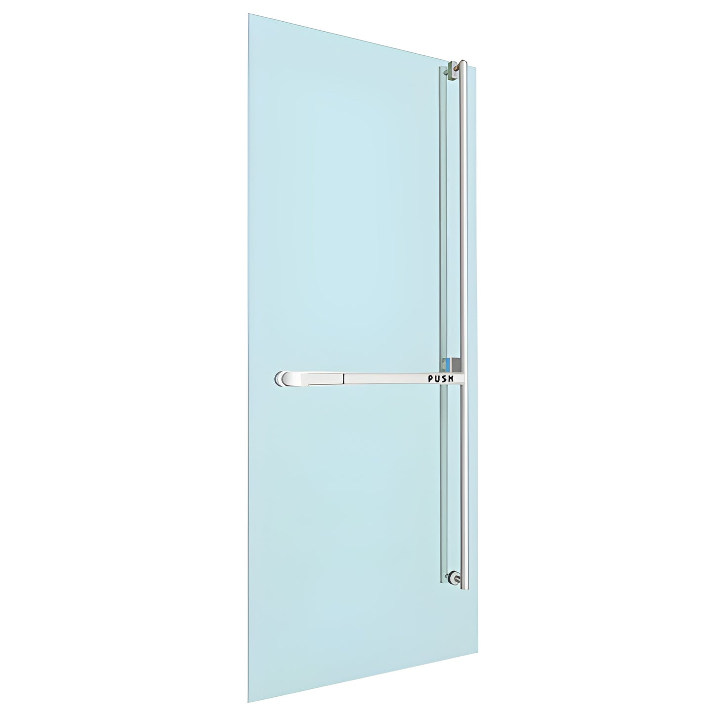 Polished stainless steel panic exit device with ultra-narrow vertical pull and crash bar mounted on glass door.