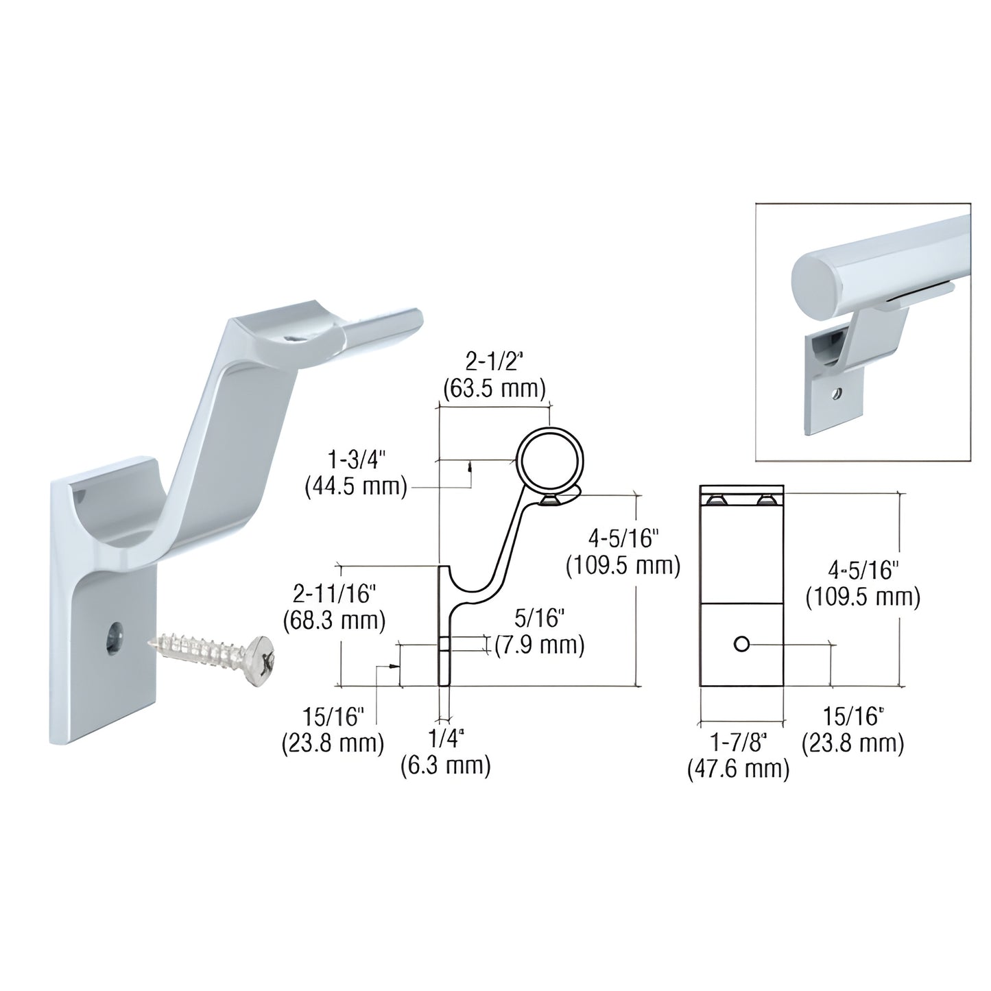 ARHB1M mill-finish 6005 T5 aluminum quick connect handrail bracket for 1-1/2" tubing, includes stainless screw.