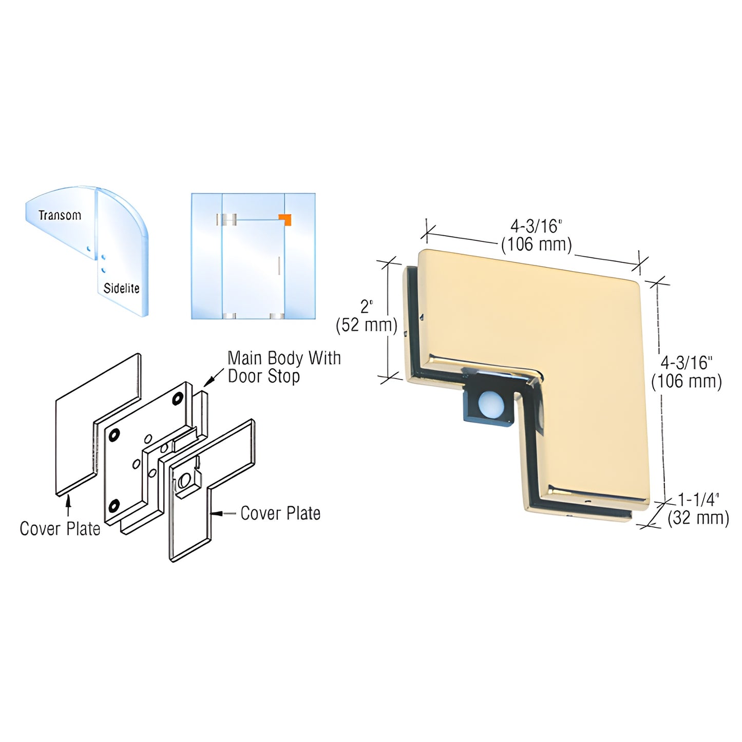 PH60SB satin brass sidelite-transom patch connector for 3/8-1/2 in glass, reversible door stop, frameless glass door fitting