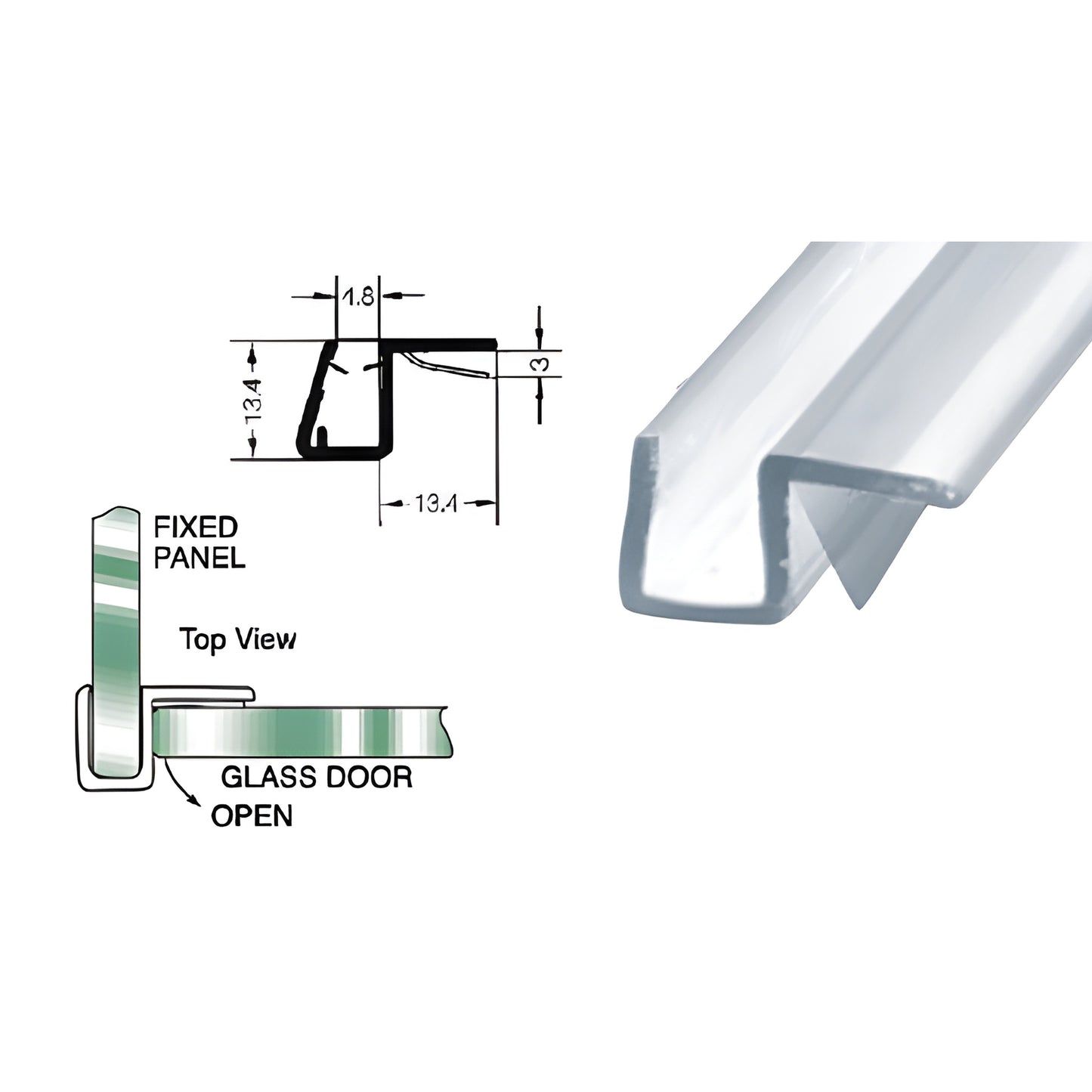 PCJ8 clear polycarbonate snap-on 90 strike-side seal for 8mm frameless shower glass, 2.5m length.