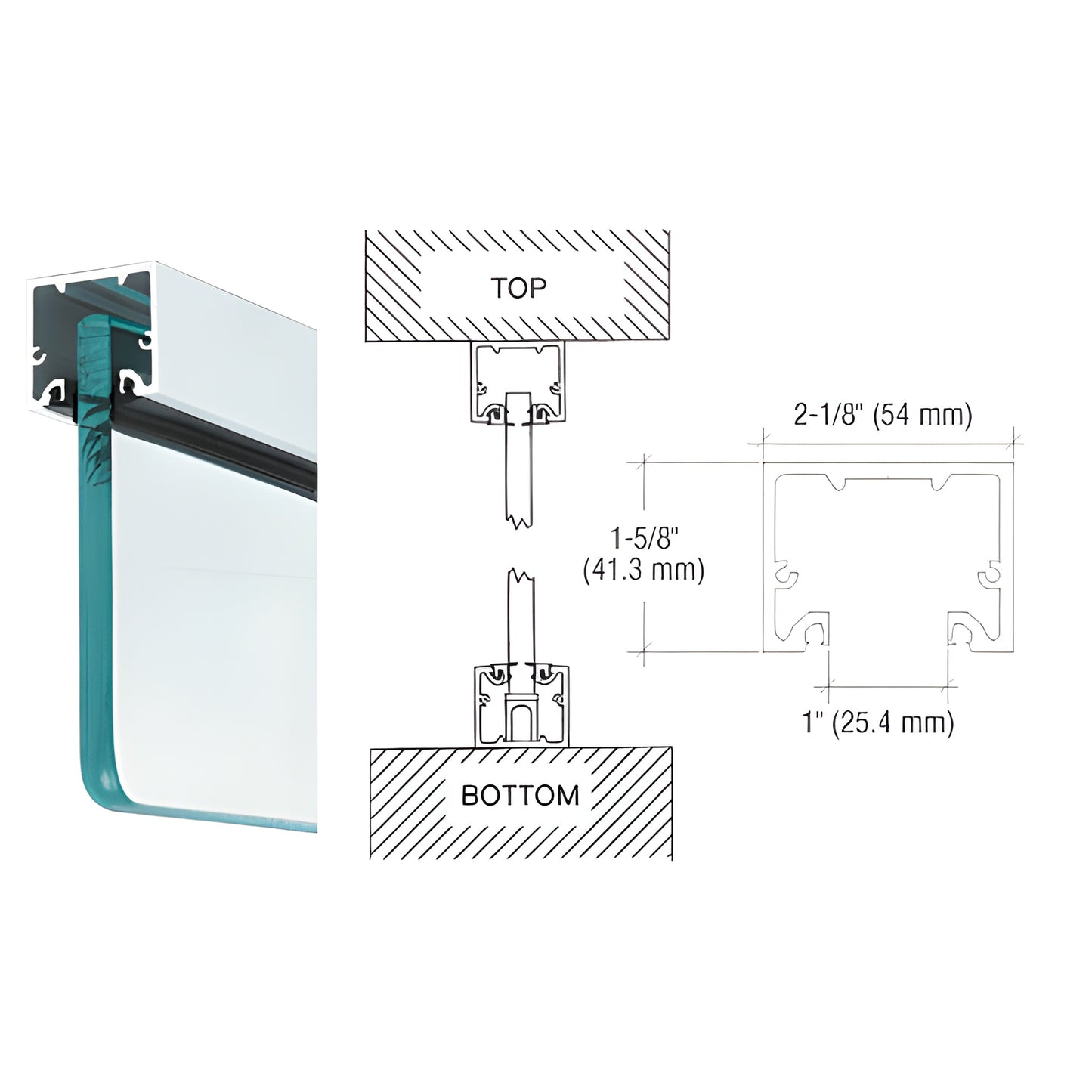 NH3SACL satin anodized narrow header/U-channel for 3/4 (19mm) glass, 2-1/8 x 1-5/8 aluminum profile with top/bottom detail