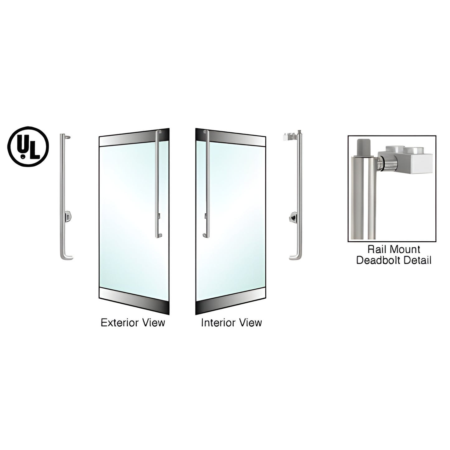 DB160J4R1BS brushed stainless rail-mount deadbolt handle for tempered glass doors, 1-1/4" dia, left-hand reverse