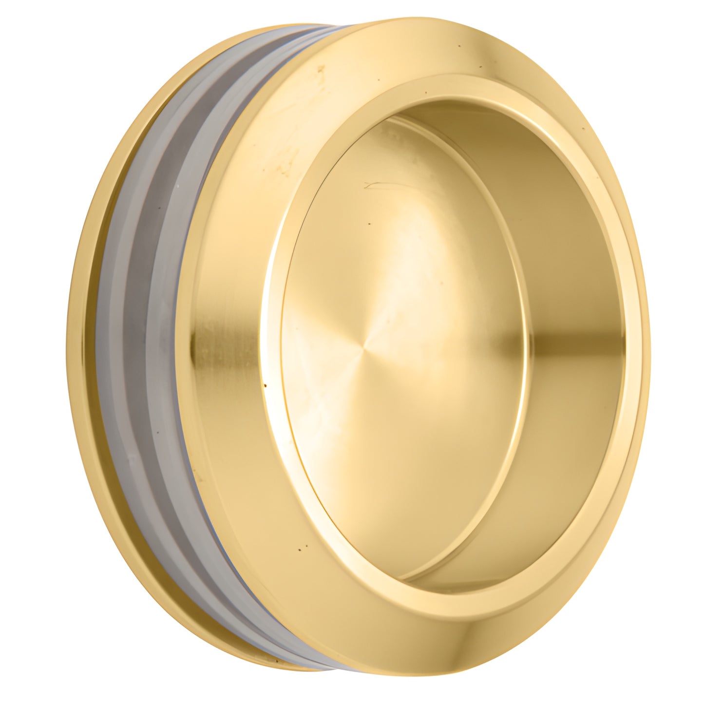 Satin brass CRL thru-glass pull SERNHP2SB with protective center plate, recessed round handle for 8-10 mm glass.