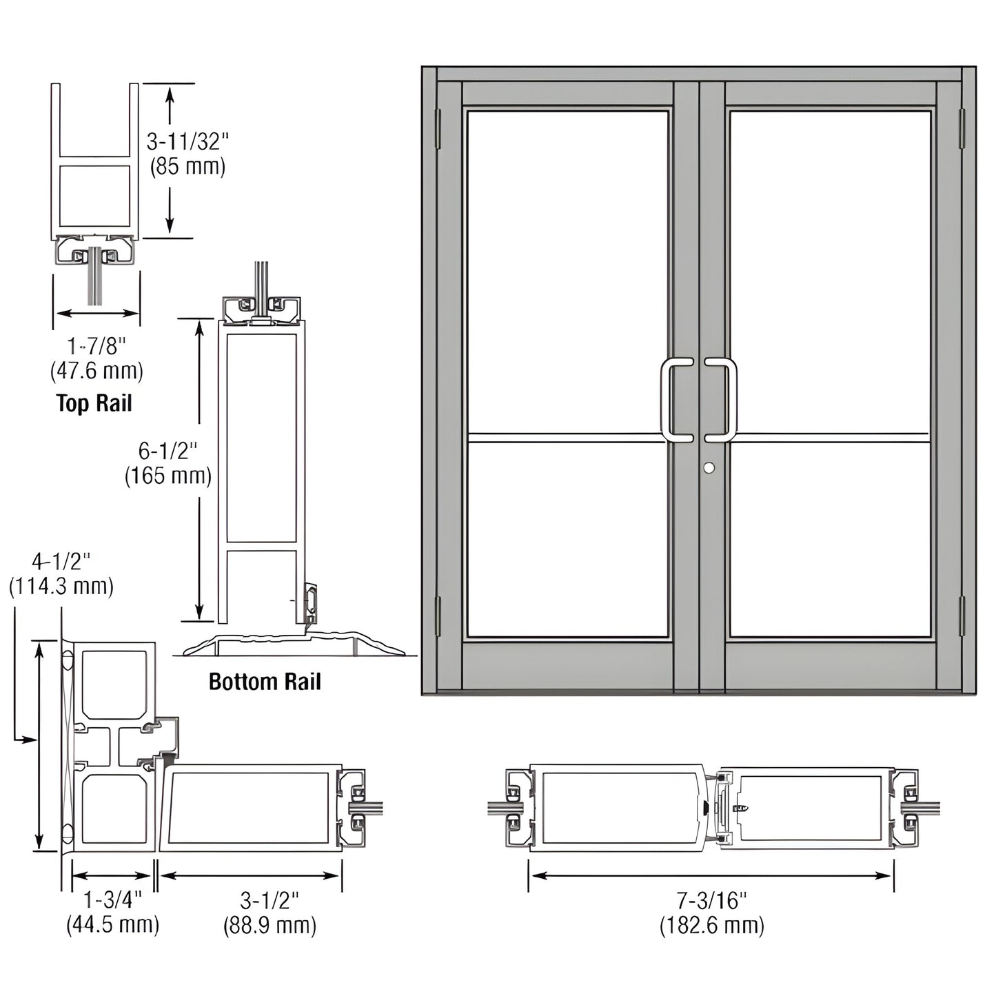 Durafront MS commercial double entrance door DC82511, clear anodized aluminum, glass panels, butt-hinge and hardware-ready.