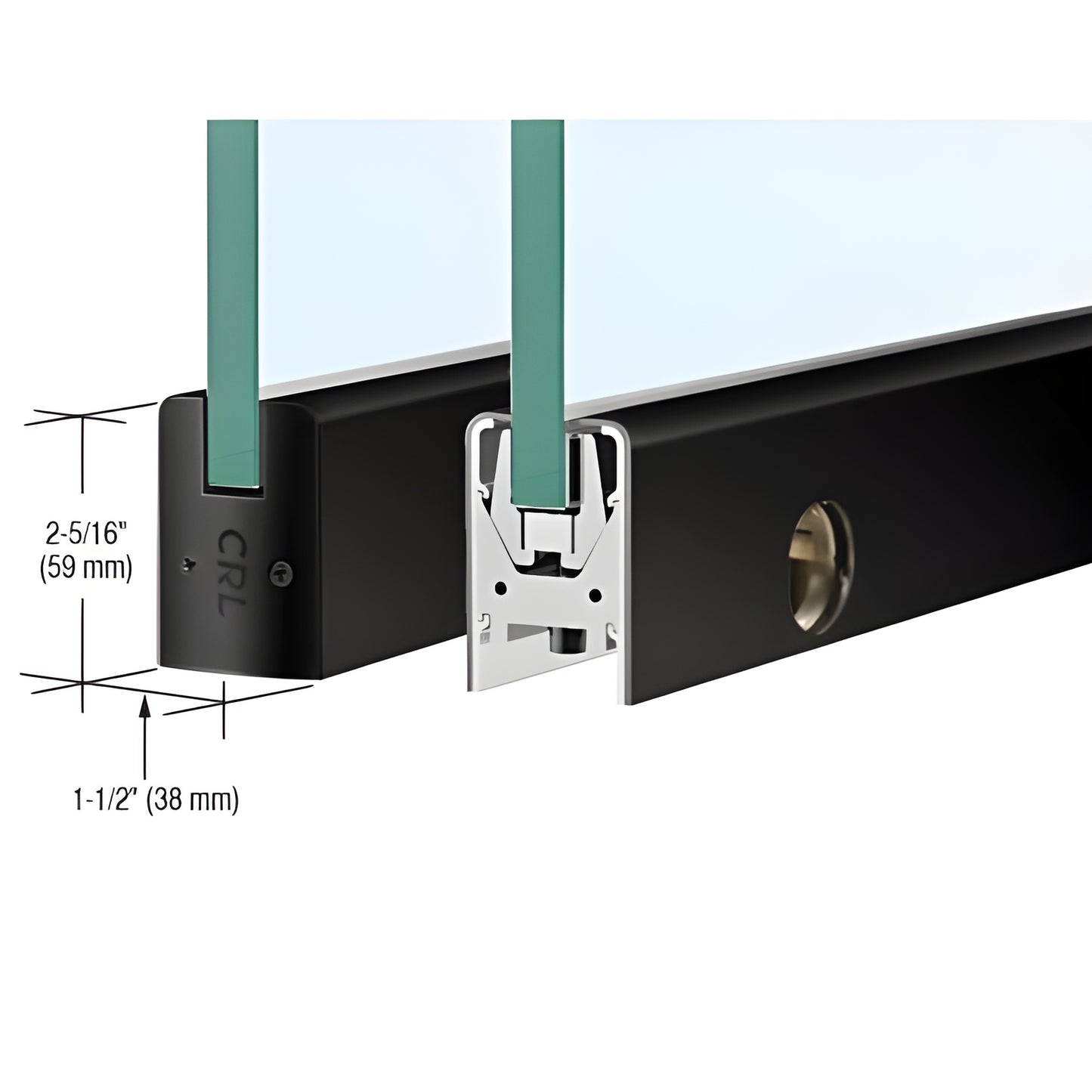 Matte black low-profile door rail (SKU DR2SMBL12CL) for 1/2" glass, 2-5/16" tall, Wedge-Lock system, includes lock.