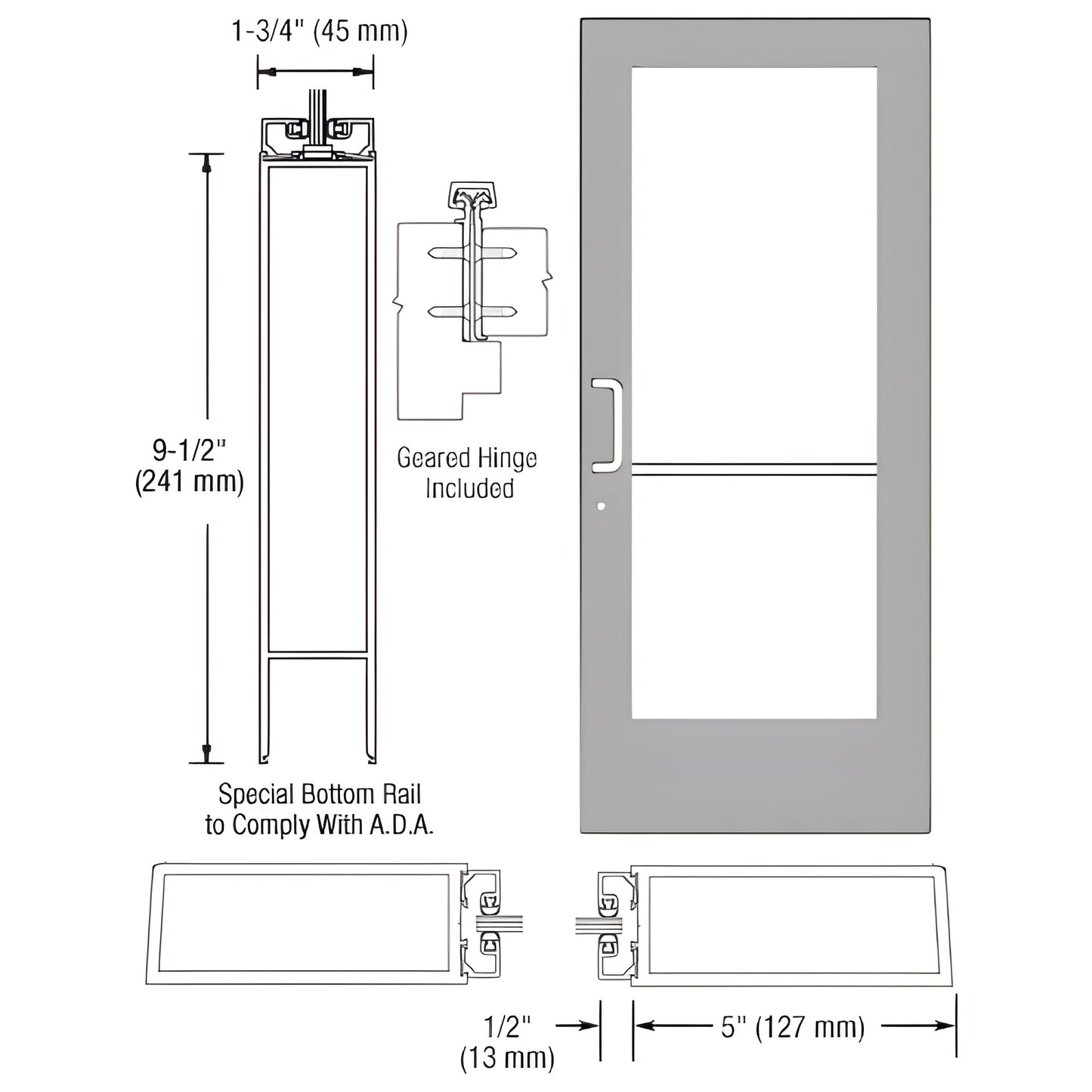 Clear anodized wide-stile commercial entrance door DE51811, 5" stiles, ADA 9-1/2" bottom rail, geared hinge; glass not includ