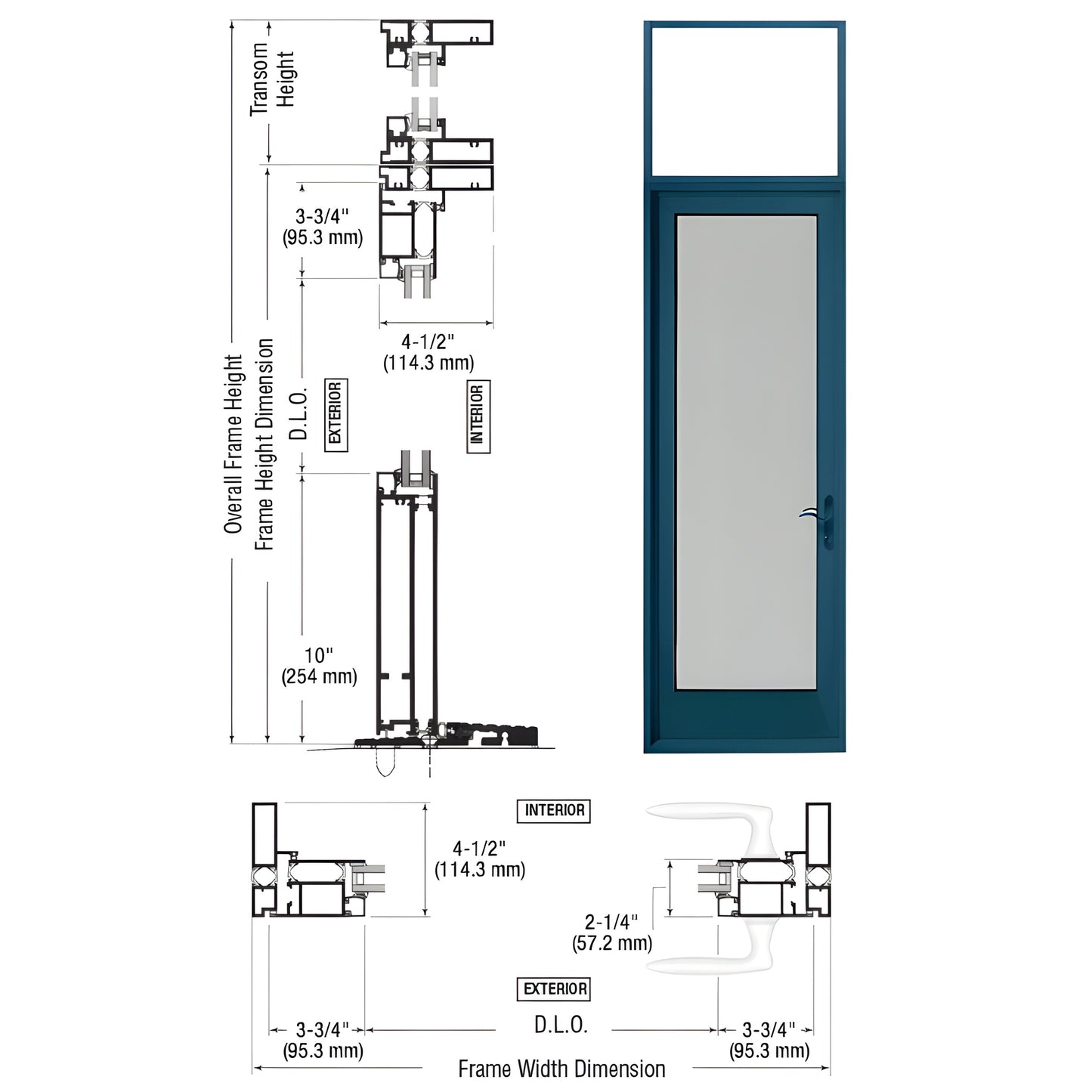 CRL Series 925 single outswing patio door with transom, thermally broken blue Kynar frame, 1" insulating glass (SKU PNA91571R