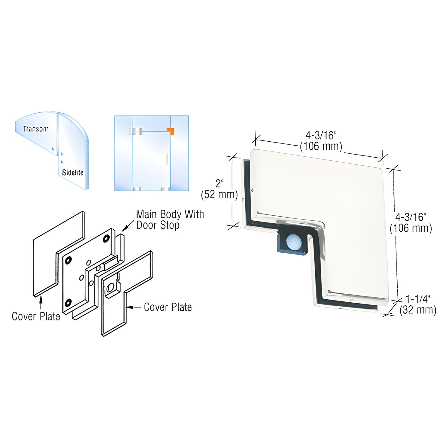 PH60PS polished stainless sidelite-to-transom patch connector with reversible door stop for 3/8" or 1/2" (10/12 mm) glass