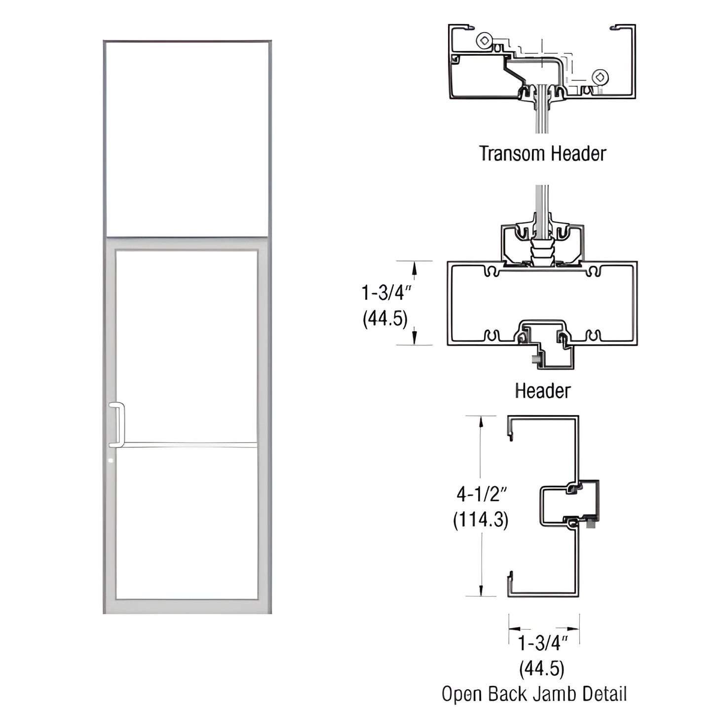 Gear-hinge transom frame (SKU 0B61811), clear anodized aluminum, open-back jambs and transom header, 1-3/4" x 4-1/2".