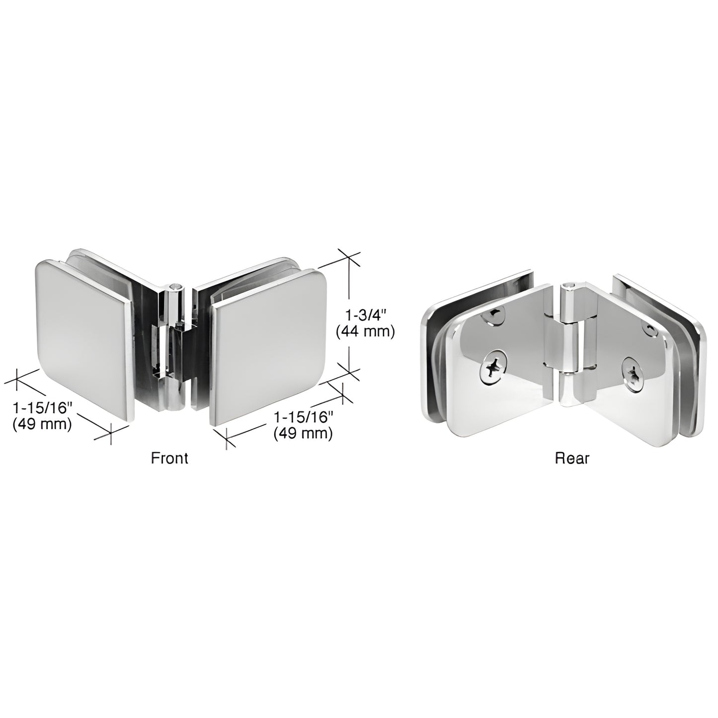 Polished chrome adjustable glass to glass clamp hinge (ADJ180CH) for 8-12mm tempered glass, fits 90 -180 angles.