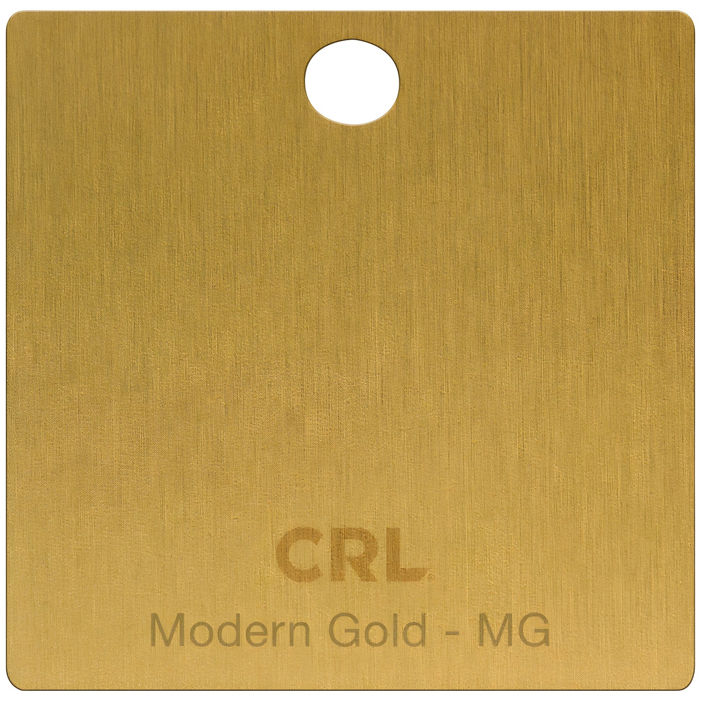 CH2PMG brass finish chip sample Modern Gold for shower door hinges, rectangular with hole and CRL logo.