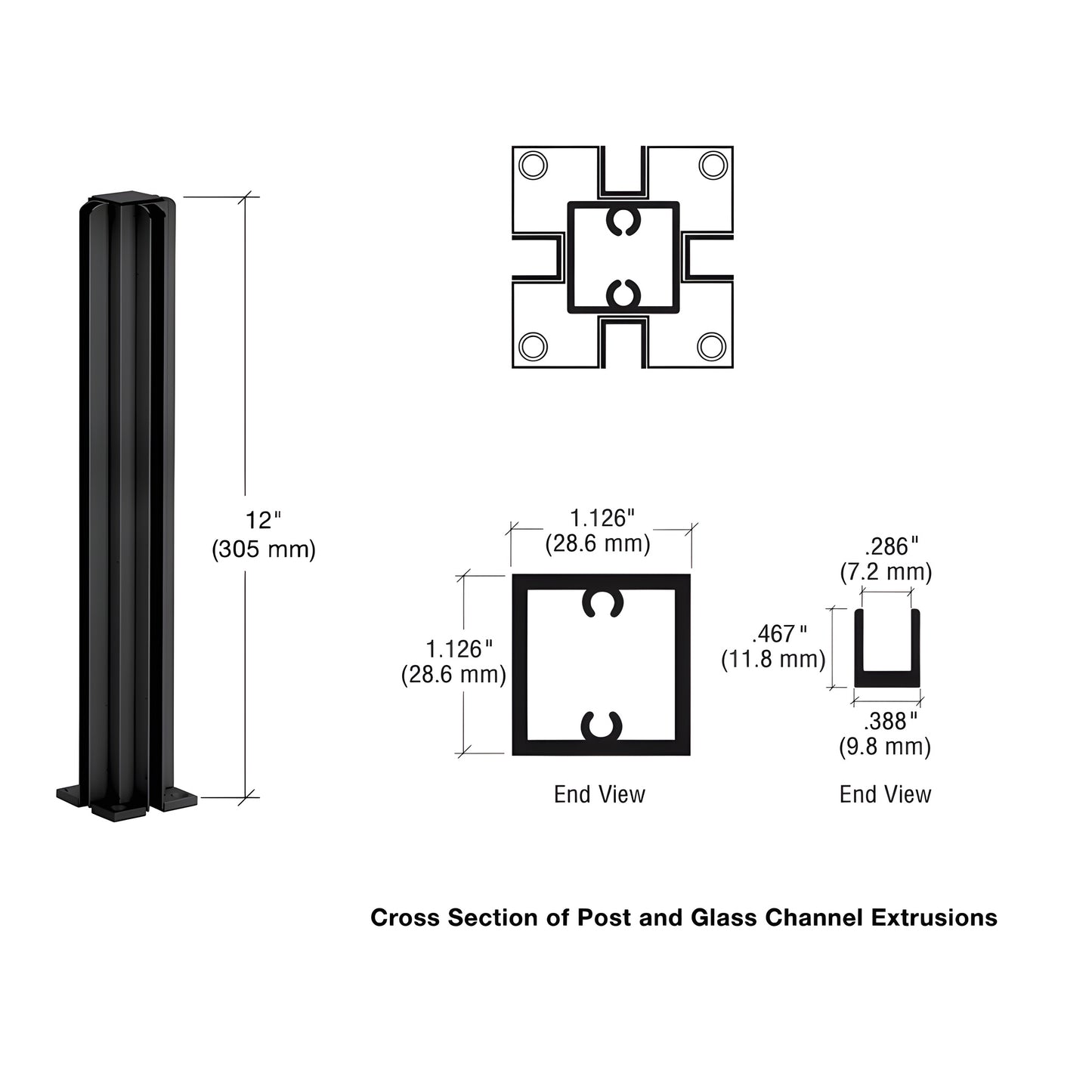 Matte black 4-way aluminum partition post, 12in height, U-channel for 1/4in glass (SKU D990MBL124W)