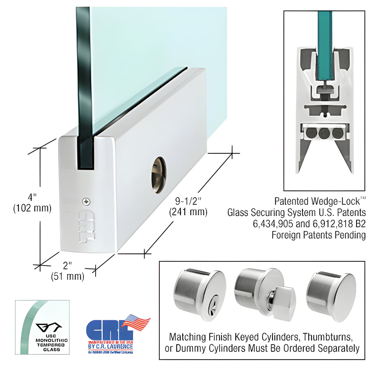CRL DR4SSA12PL satin-anodized aluminum Wedge-Lock door rail, 9-1/2 x 4 for 1/2 glass, includes lock.