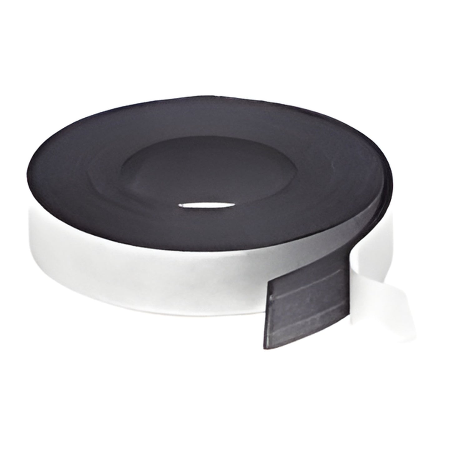 Roll of black adhesive magnetic tape with white peel-off liner, 1/2 in wide. SKU M11598