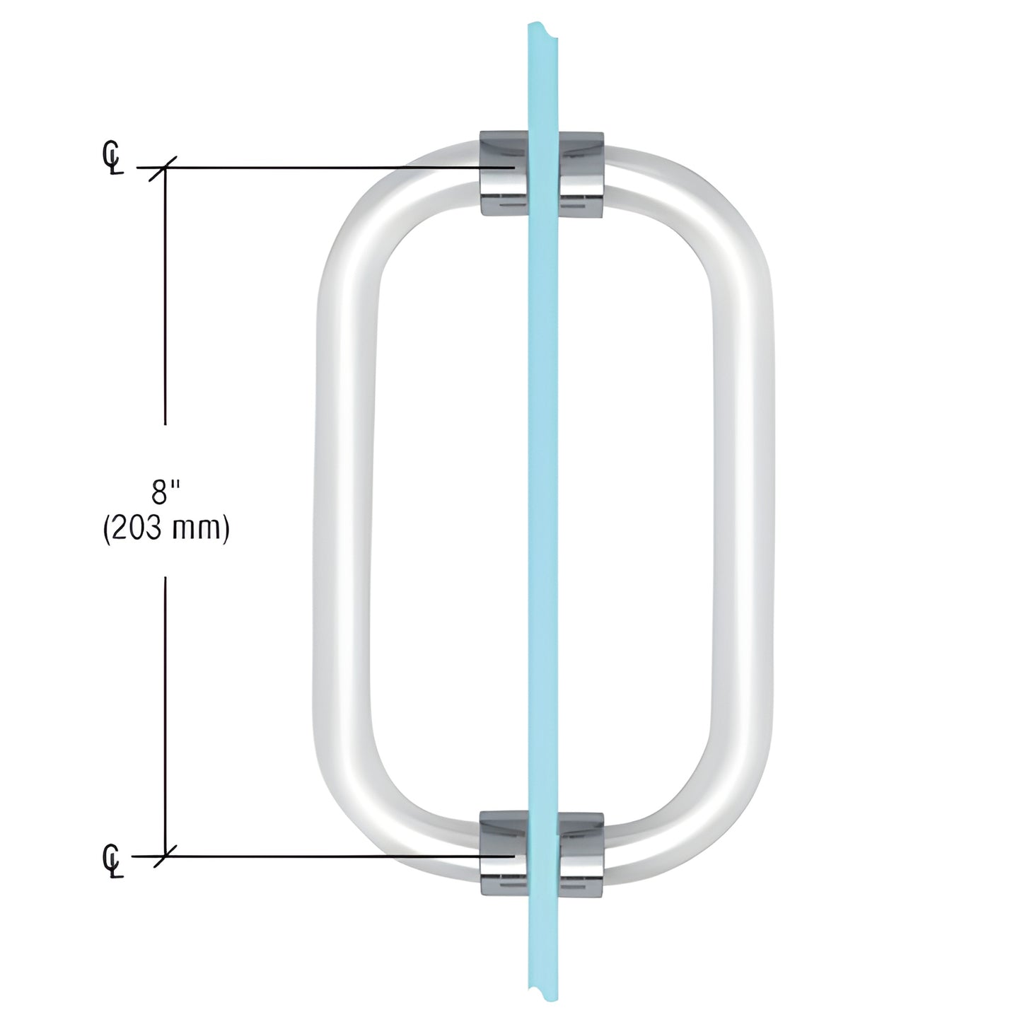Clear 3/4" acrylic 8" back-to-back glass pull handle with polished chrome rings, fits 1/4-1/2" (6-12mm) glass - SKU CAP8X8CH