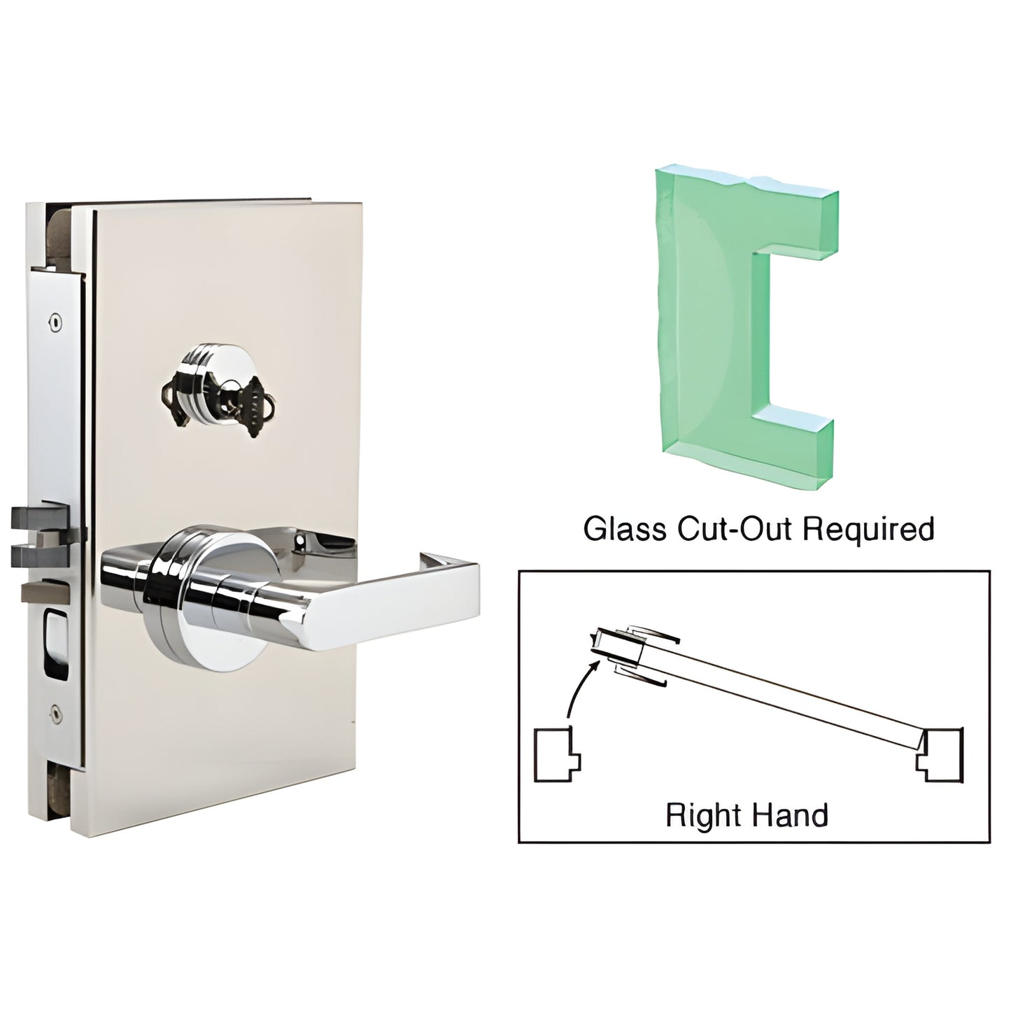 DL610R0PS polished stainless steel 6x10 center lock with lever for 1/2 in tempered glass, right-hand, glass cut-out required