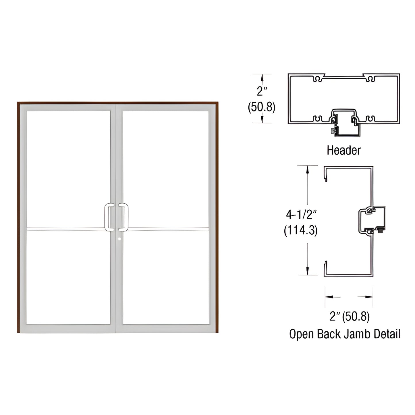 Double commercial glass door frame, Black Bronze Anodized, gear-hinge up-and-over with open-back jambs. SKU 0B72822