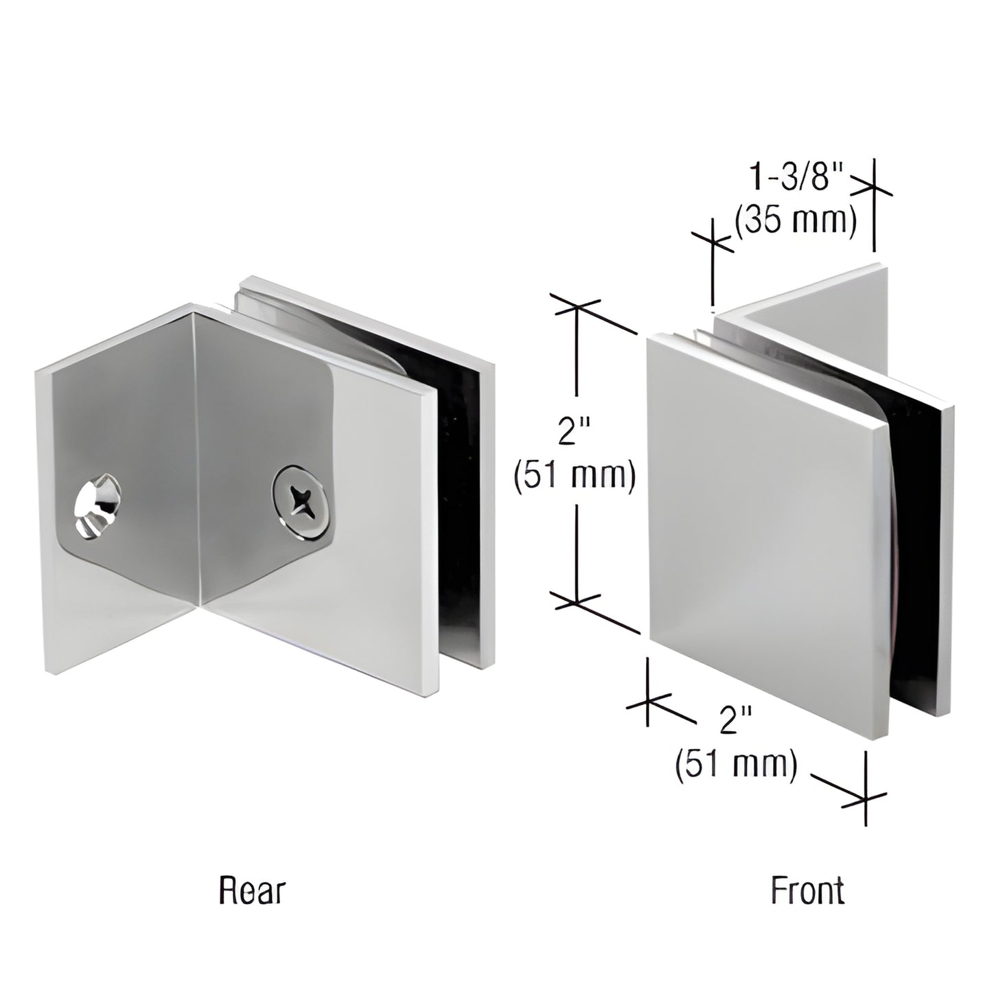SGC037CH polished chrome square glass clamp, brass wall mount with small 90 leg; fits 10-12mm glass, 2 2 in.