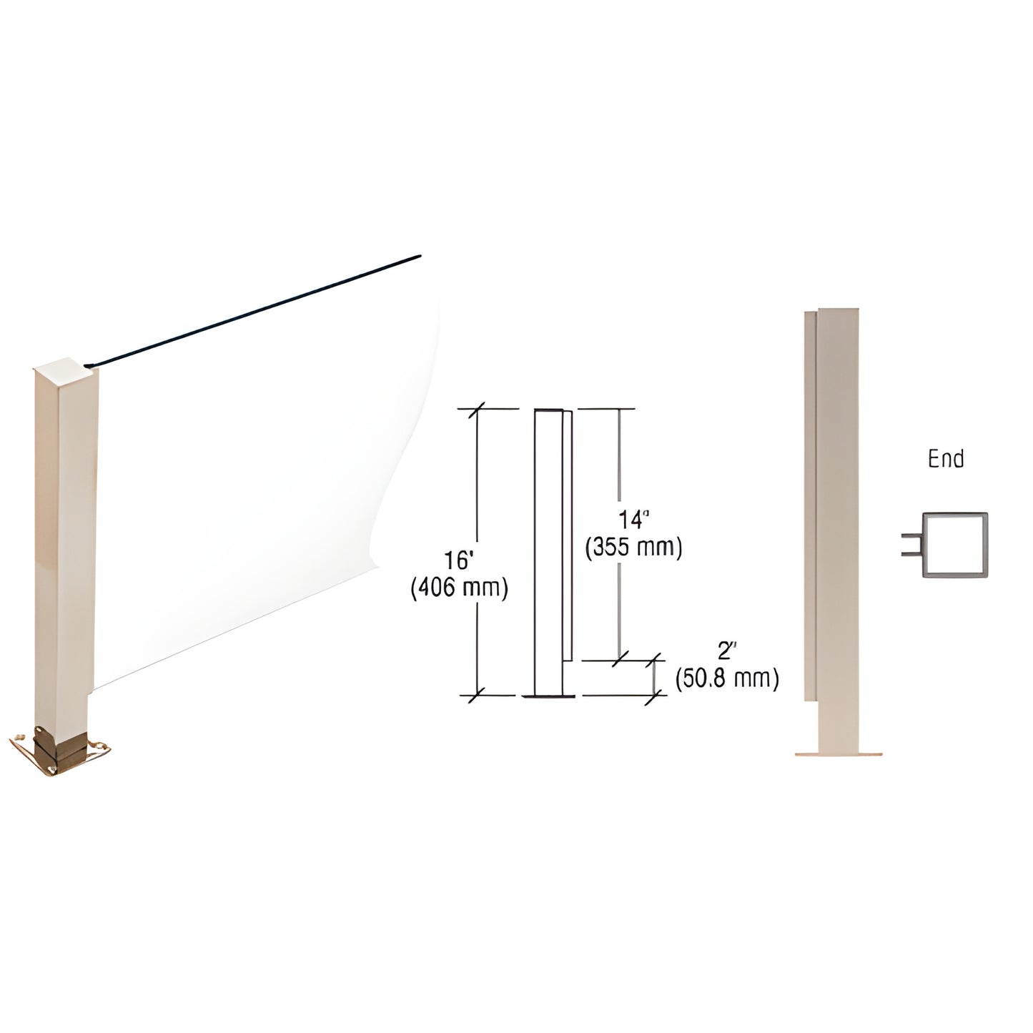 PP41EBS: 16 brushed stainless steel square end post with welded base and full length U channel for 1/4 glass.