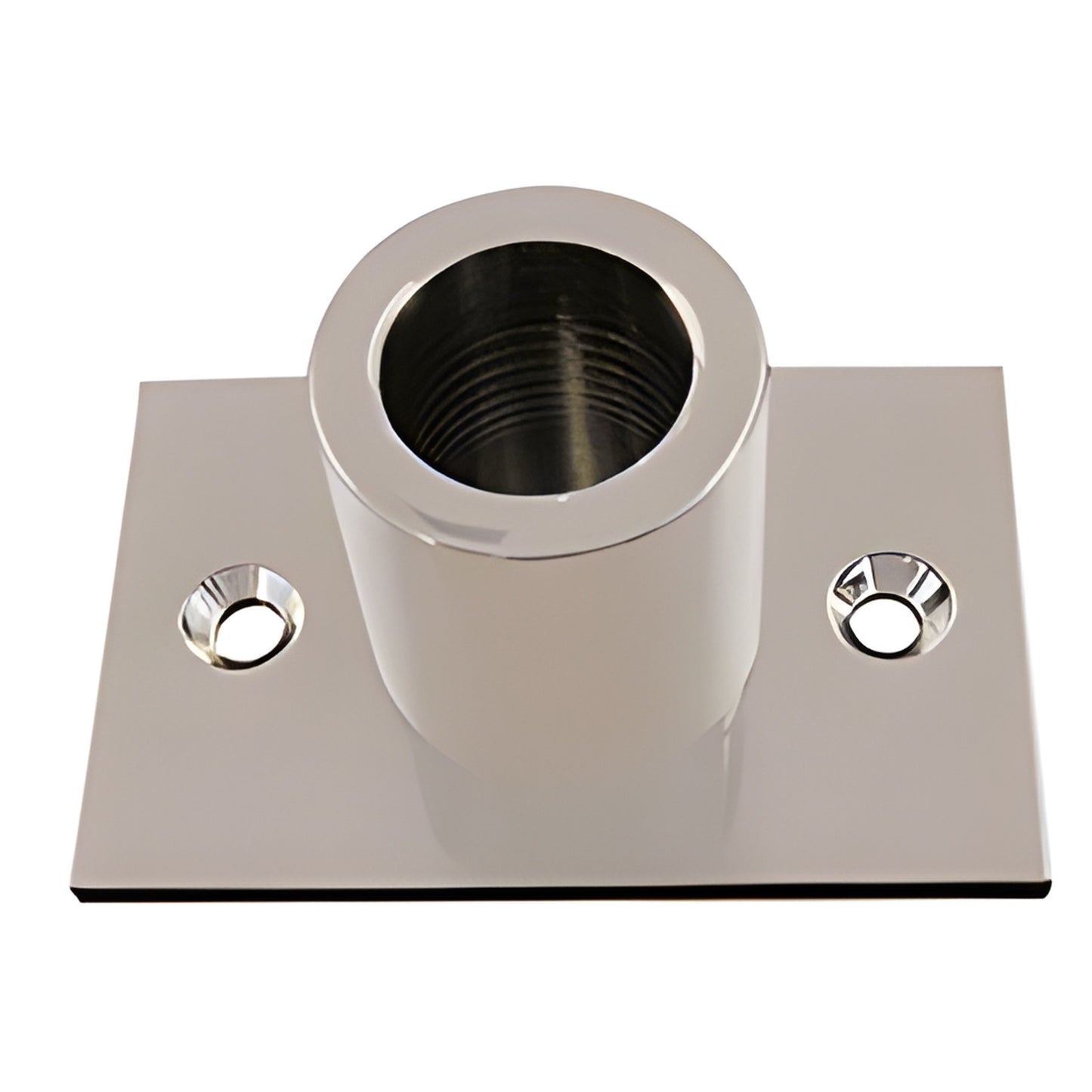 S14BN wall-mount top fitting, brushed nickel brass cylinder on rectangular plate with threaded socket for support bar