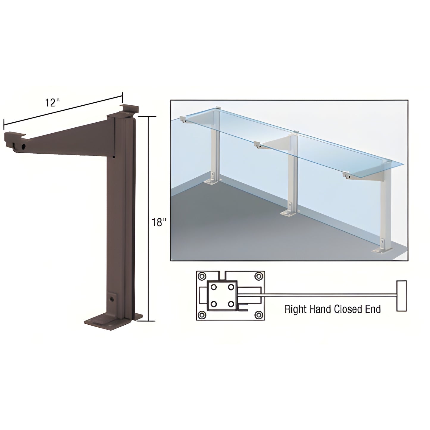 D995DURHCE: 18 in dark bronze aluminum counter post, right-hand closed end, 12 in top shelf support for 1/4 in glass
