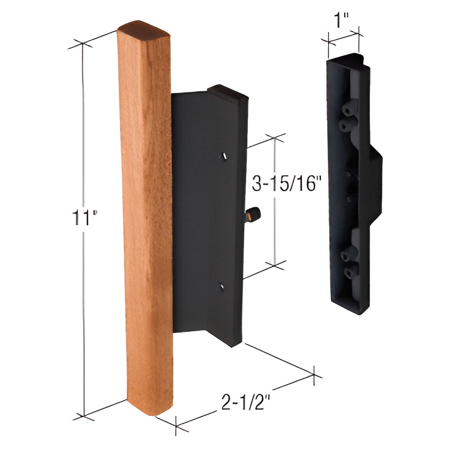 CRL C1091 black aluminum mortise handle set with 11" wood grip, 2.5" projection and 3 15/16" mounting hole spacing.