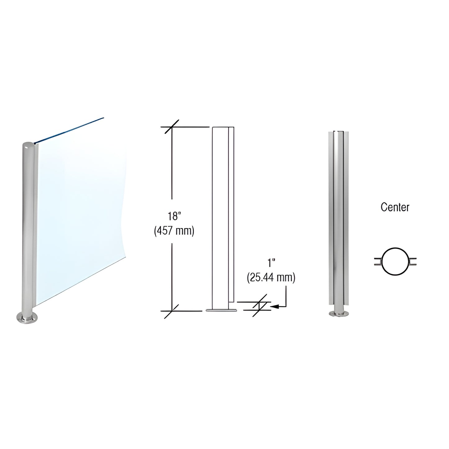SBPP08CBS 18 in brushed stainless center partition post with U-channel for 1/4 in glass, flat cap and welded round base.