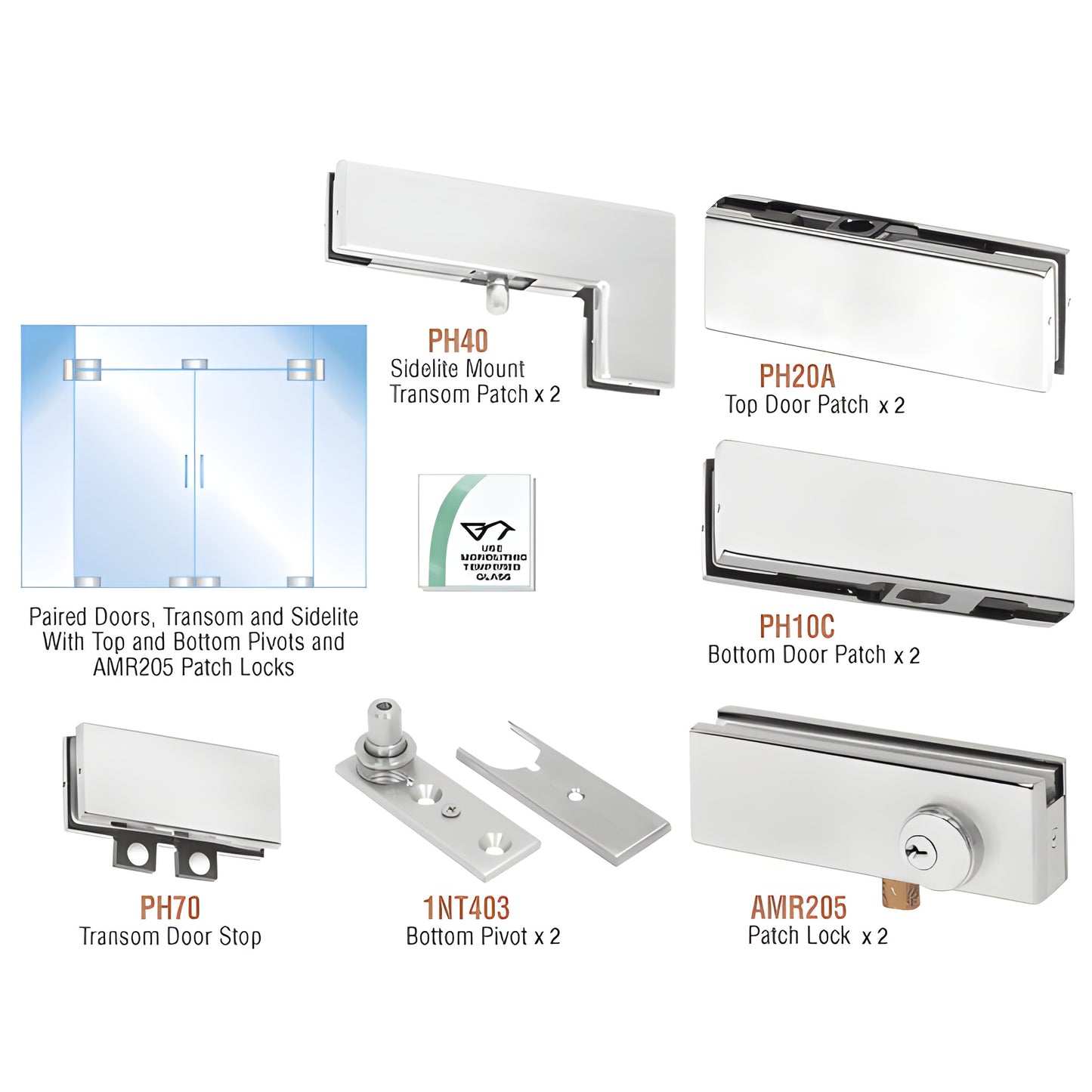 PHA8LA double glass door hardware kit, satin anodized pivot patches, transom/sidelite mounts, bottom pivots and patch locks