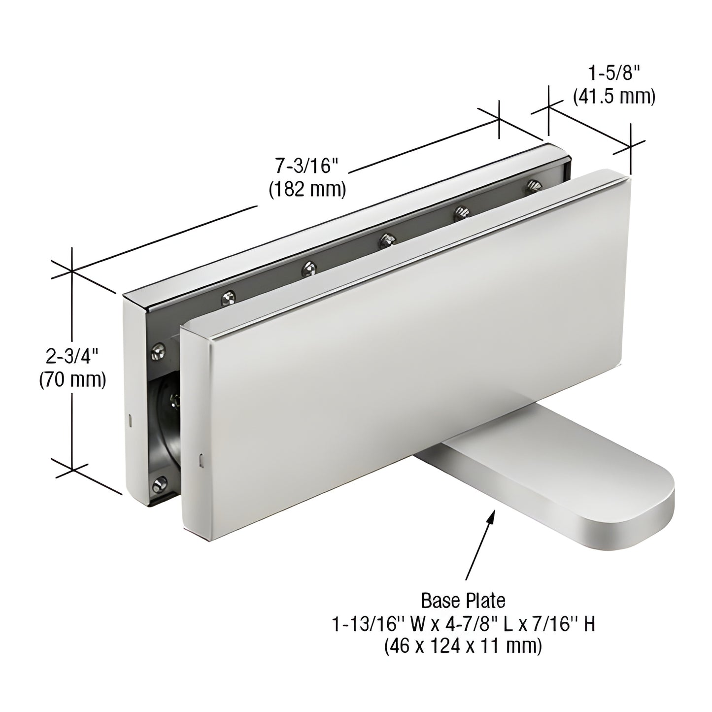 CRL380A satin anodized hydraulic patch fitting for interior glass doors - rectangular hinge with base plate, dimensions shown
