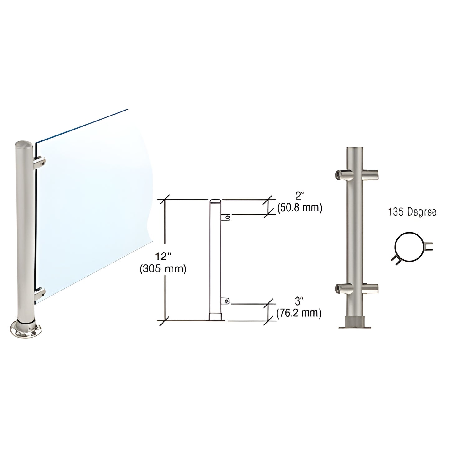 PP55ABS: 12" brushed stainless slimline 135 round partition post with adhesive round flange, fits 3/8" glass.