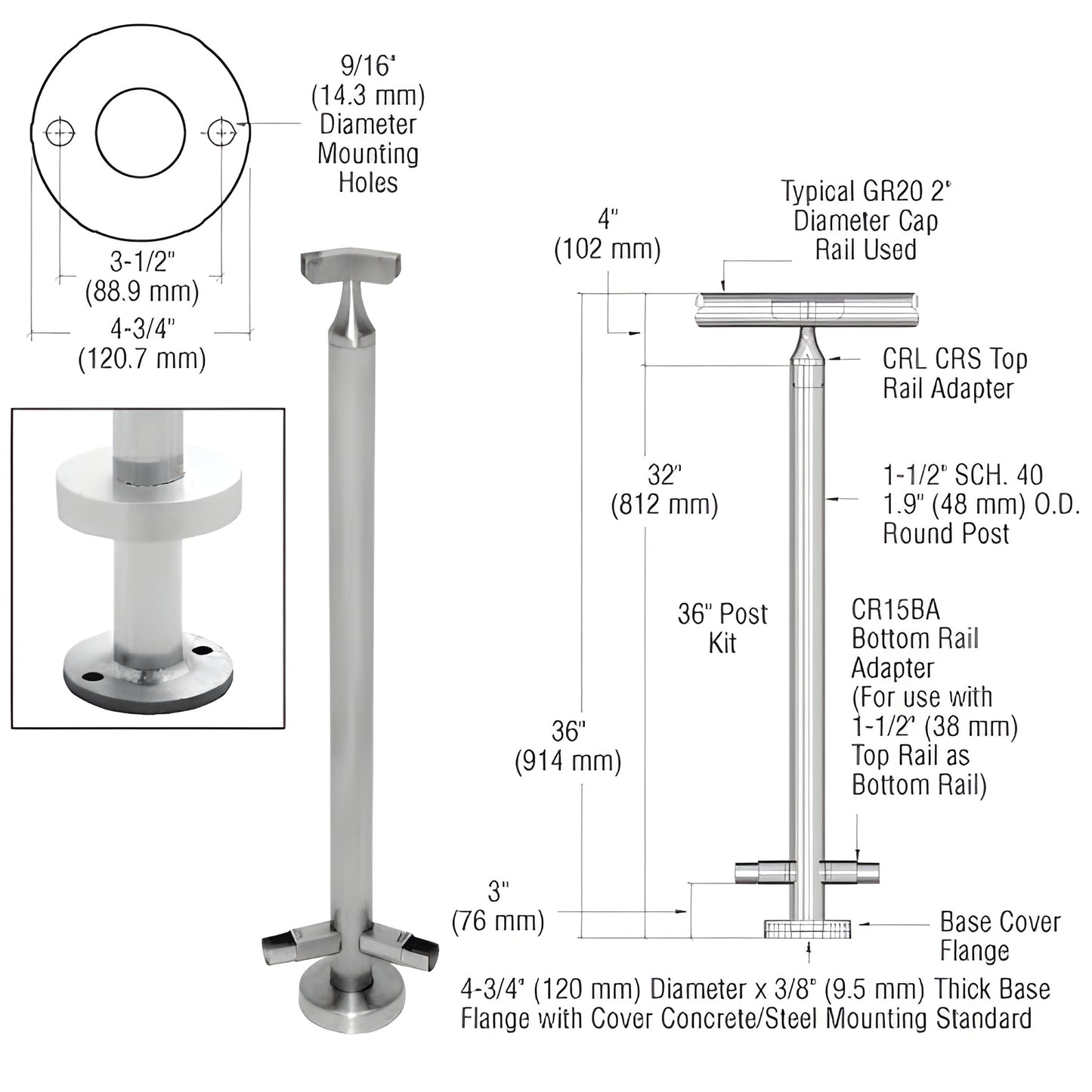 CR36AKBS stainless steel 36-inch surface-mounted handrail/guardrail post kit with base flange and adapters