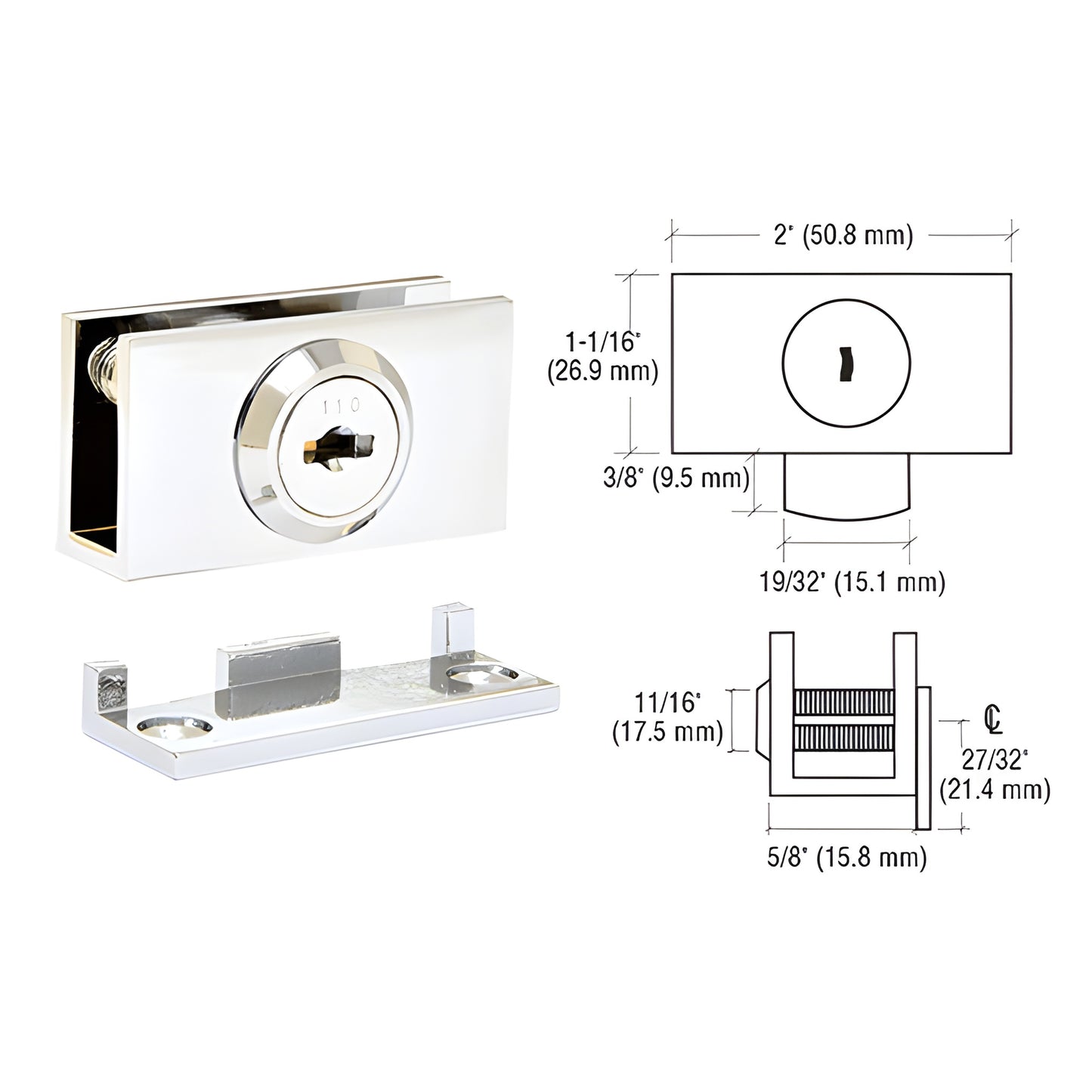 EH98 polished chrome cam lock for 1/4" or 3/8" glass showcases with matching strike plate and dimension diagram