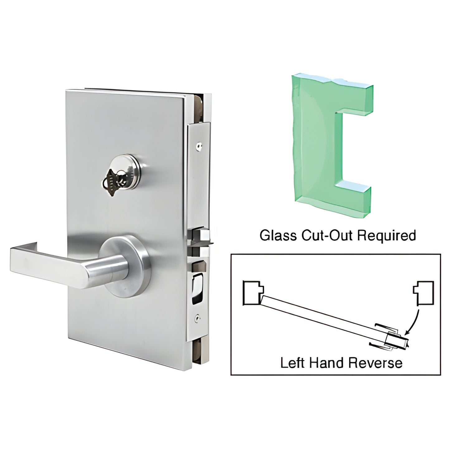 Satin anodized 6"x10" center lock (DL611L0SC) for 1/2" tempered glass, left-hand reverse, lever and deadlatch.