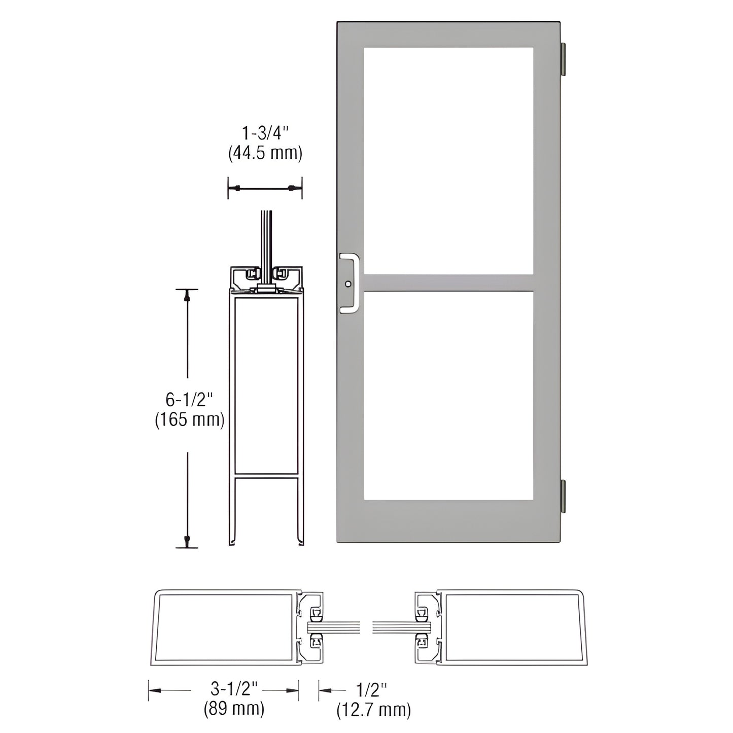 Custom medium stile entrance door, clear anodized, 3.5" stiles, 6.5" bottom rail, fits 1/4" tempered glass. SKU DZ41511