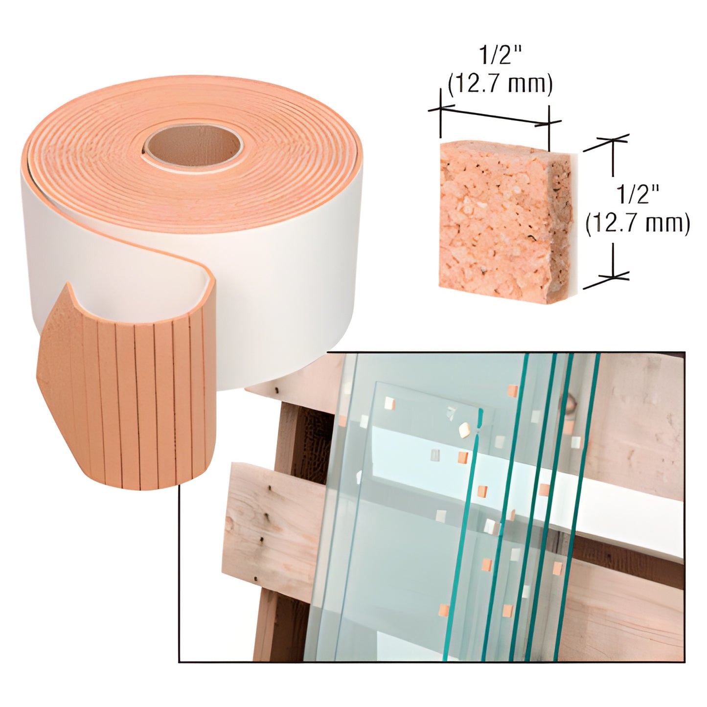 CNA12B cork non-adhesive shipping pads roll, 1/2" square pads for protecting stacked glass