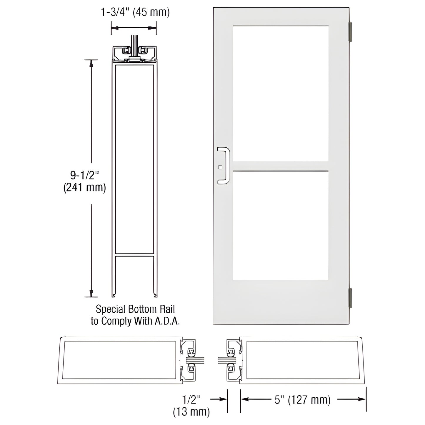 CRL CZ51552 white Kynar wide-stile commercial entrance door with 5" stiles, ADA 91 2" bottom rail and two glass panels.