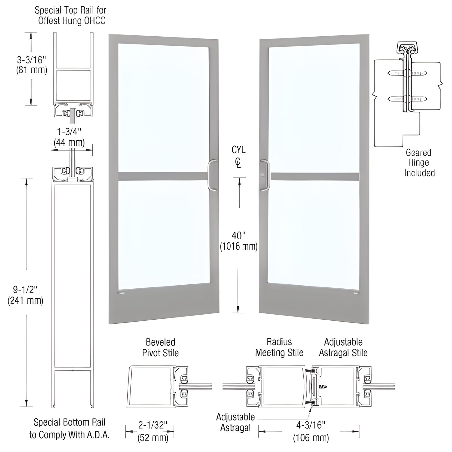 CZ22911 CRL custom narrow-stile entrance door, clear anodized, 2 in stiles, 9-1/2 in ADA bottom rail, fits 1/4 in tempered gl