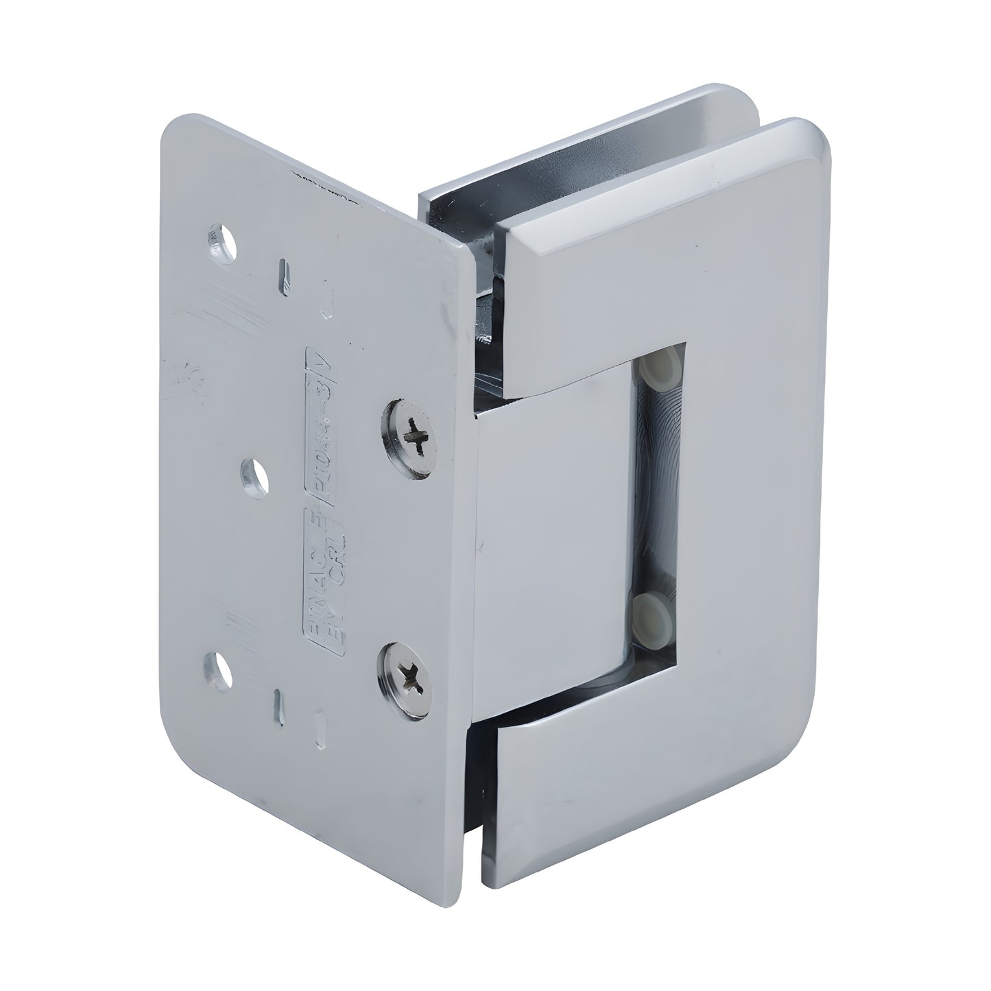 Pinnacle polished chrome shower door hinge (SKU P1N044CH), solid brass wall-mount offset back plate for 8-12mm glass.