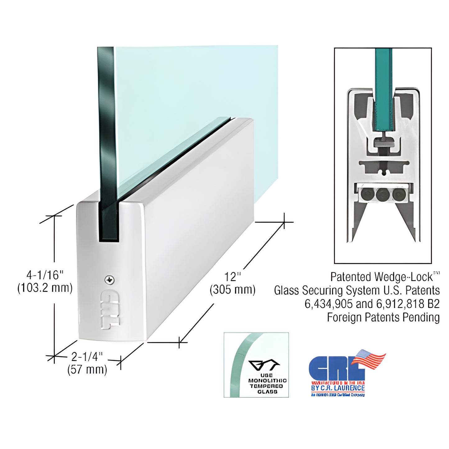 Polished stainless steel 12" Wedge Lock door bottom rail for 5/8" glass, 4 1/16" high, square profile.