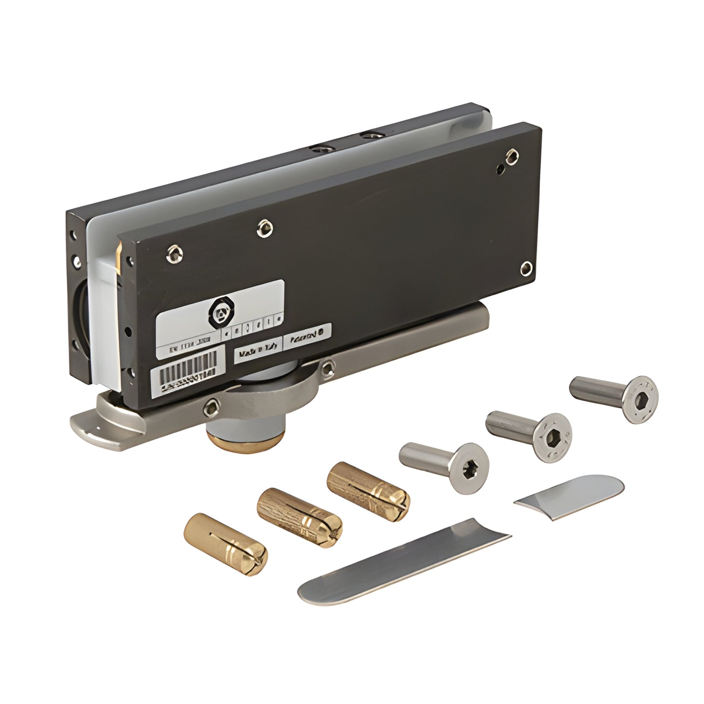 CRL H100E10 oil-dynamic floor-box-free patch fitting hinge for tempered glass doors with mounting bolts and anchors