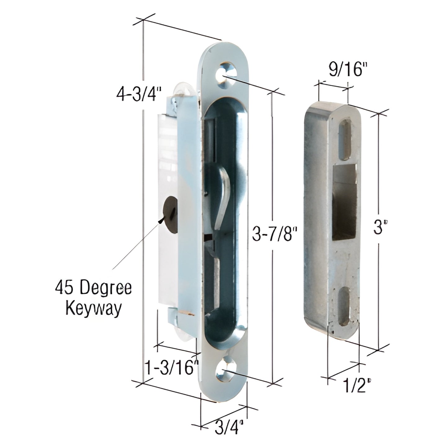 Pennco replacement door latch SKU E2079 - aluminum faceplate with stamped steel hook, 1-3/16 in depth, 45 keyway