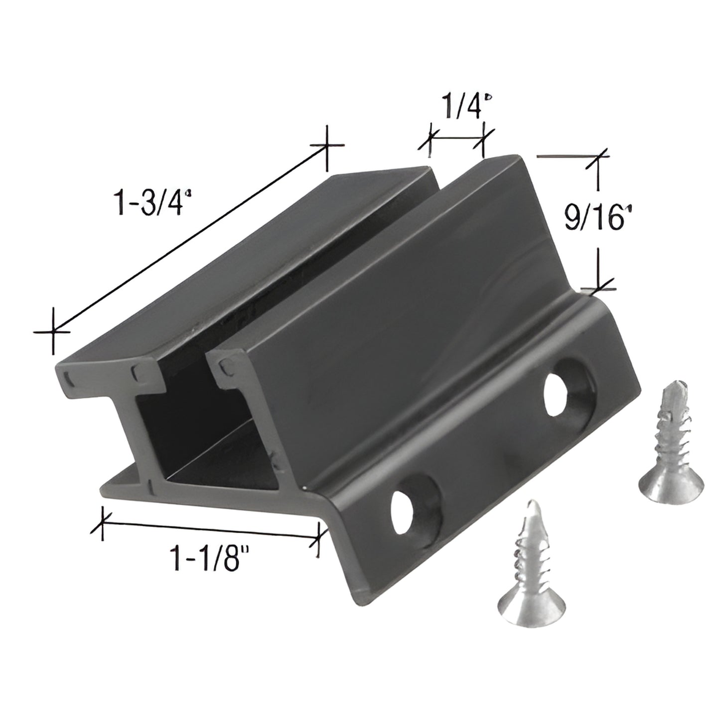 Black aluminum bottom guide extrusion (DK6914) for 1/4" glass, shown with two screws and dimension markings.