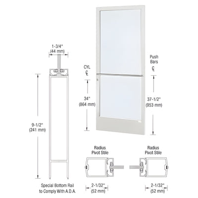 CRL-U.S. Aluminum White KYNAR® Paint 250 Series Narrow Stile (RHR) HRSO Single 3'0 x 7'0 Center Hung for OHCC w/Standard Push Bars Complete Door Std. Lock and 9-1/2" Bottom Rail