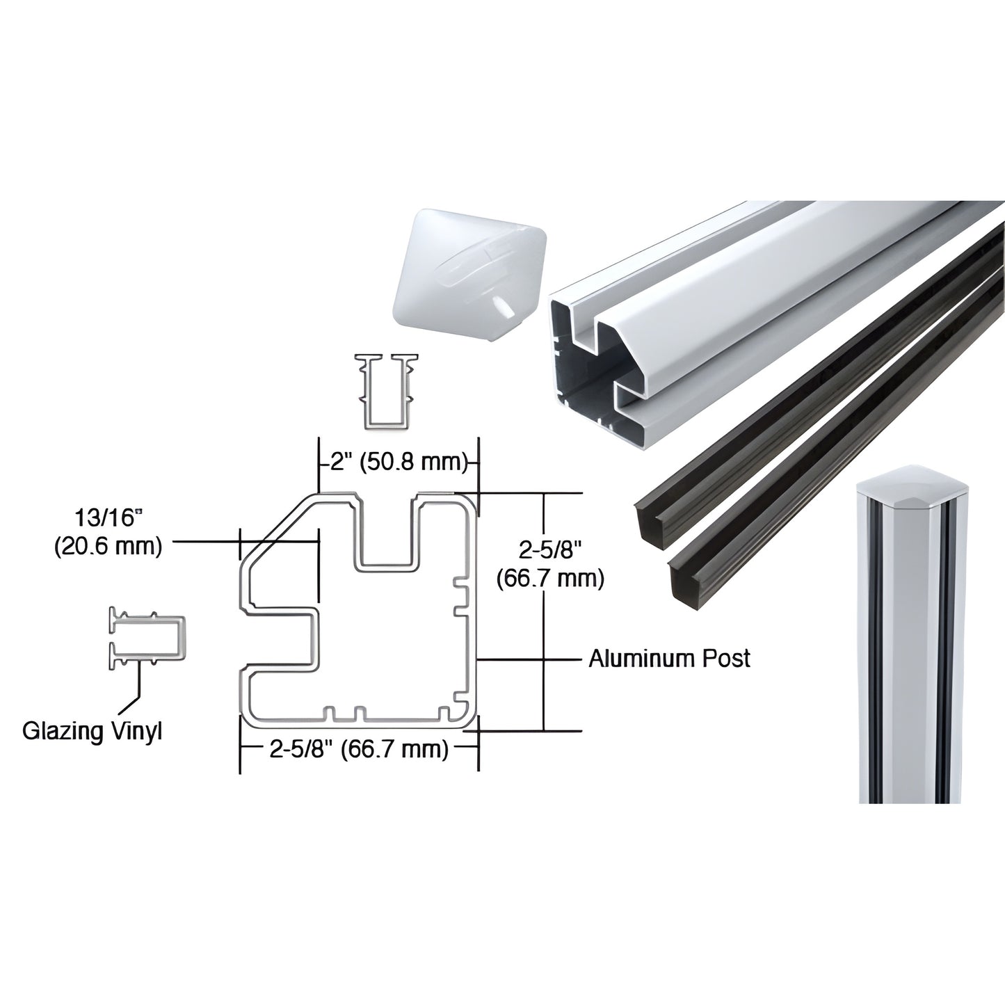Aluminum 90 corner glass post kit S48CRKM with top cap and glazing vinyl, rectangular profile, mill finish.