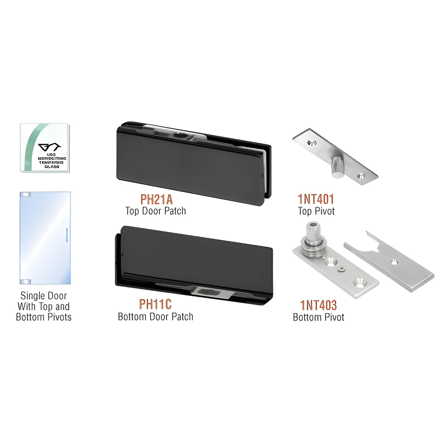 PHE1MBL matte black CRL European patch door kit for single tempered glass door; top/bottom pivots.