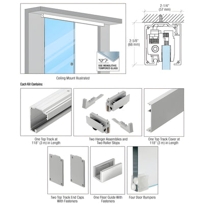 CRL280 Brushed SS 1/2" Tempered Glass Sliding Door Kit, Wall/Ceiling