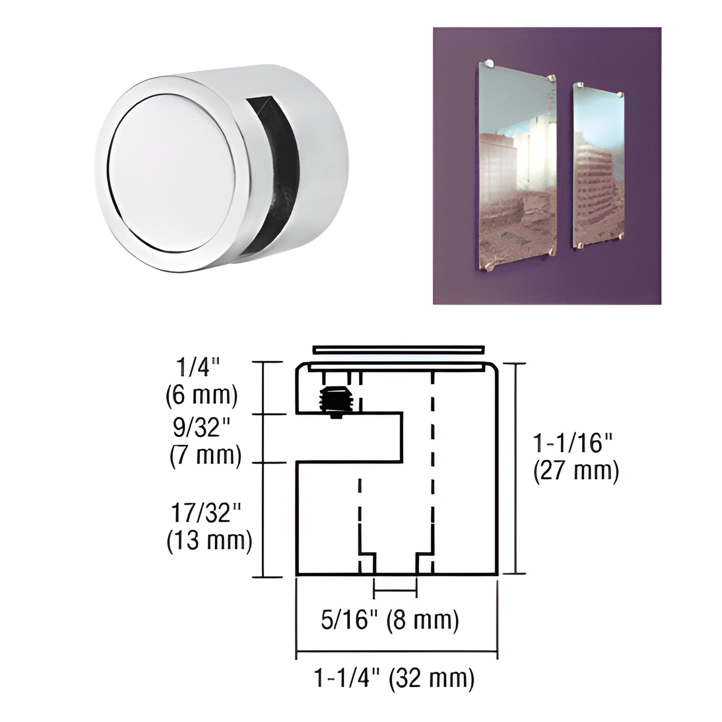 Satin chrome edge grip (EG14SC) brass clamp for 1/4" (6mm) panels - no-drill glass/sign edge mount, 1-1/4" diameter