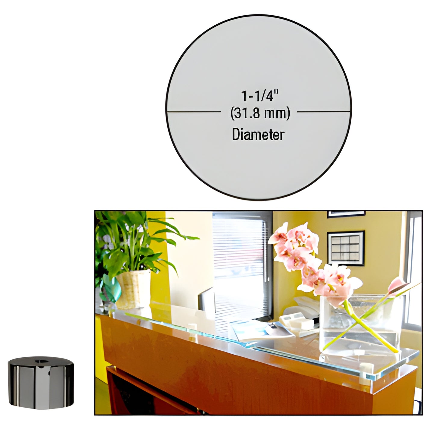 Gun metal 1-1/4" (32 mm) brass standoff cap for glass panels, shown mounted on a countertop sign/display.