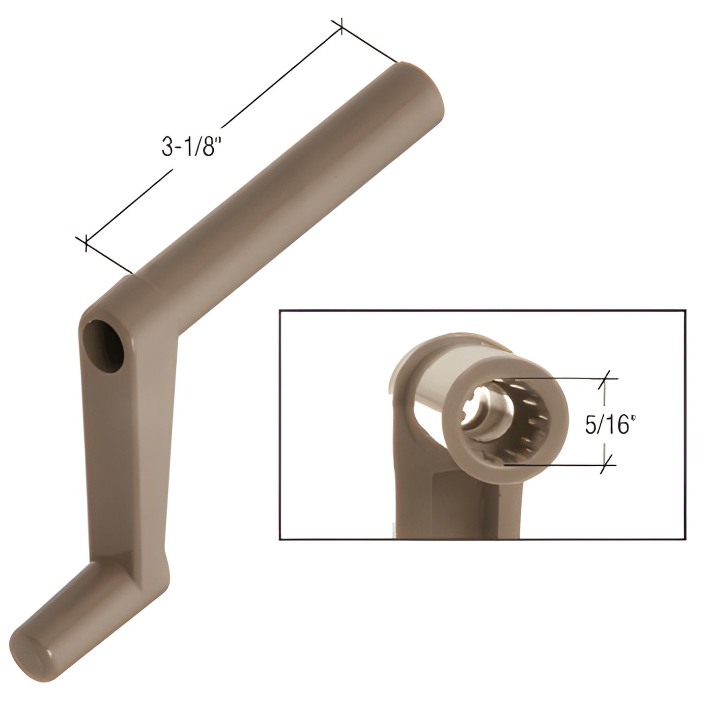 Tan plastic RV window crank handle, 3-1/8" long, serrated socket fits 5/16" spindle - SKU R7003